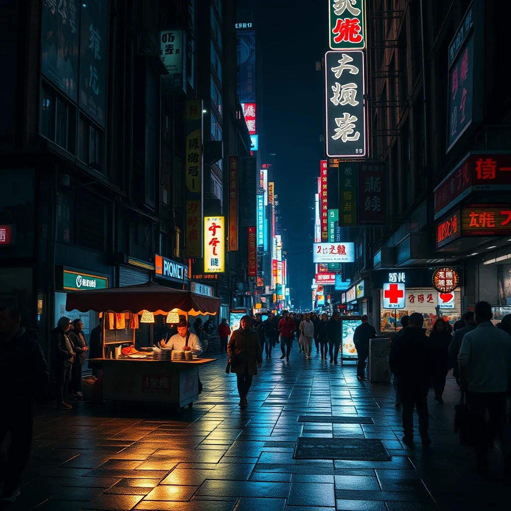 A bustling urban street at night, with neon signs reflecting on wet pavement, a food vendor stall in the foreground Flux