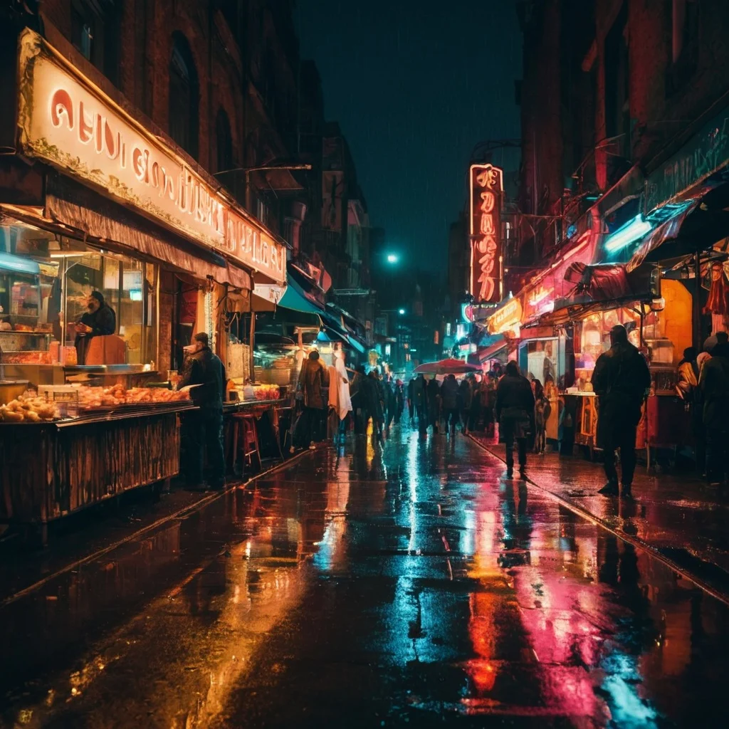 A bustling urban street at night, with neon signs reflecting on wet pavement, a food vendor stall in the foreground, and crowds of people, in the style of neon-noir JuggernautXL Stable diffusion