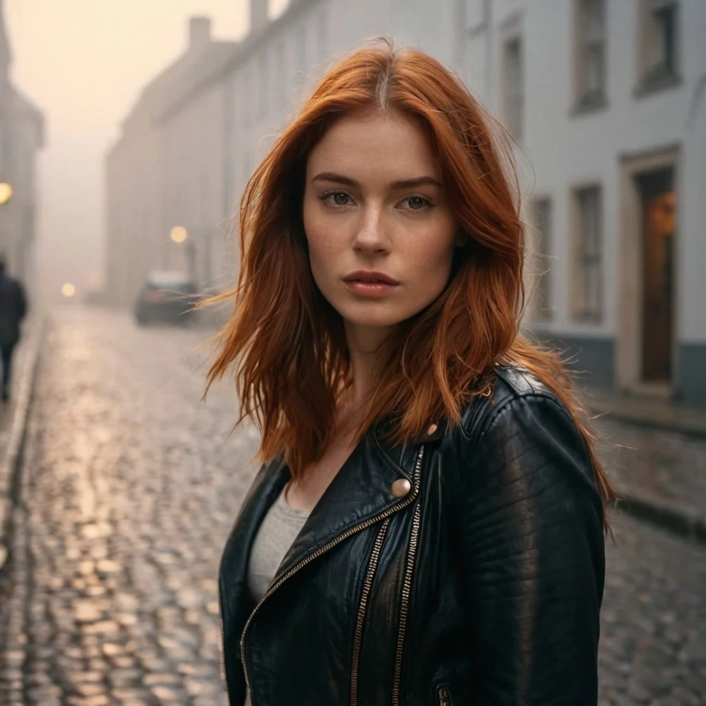 A cinematic portrait of a young woman with flowing auburn hair, wearing a vintage leather jacket, standing on a foggy cobblestone street at dawn JuggernautXL stable diffusion