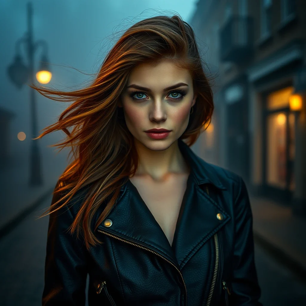 A cinematic portrait of a young woman with flowing auburn hair, wearing a vintage leather jacket, standing on a foggy cobblestone street at dawn, moody lighting, medium shot framing Flux