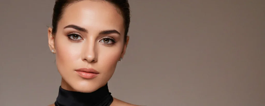 A close-up of a professional model with flawless makeup, wearing a sleek black dress, posed against a white studio backdrop JuggernautXL stable diffusion