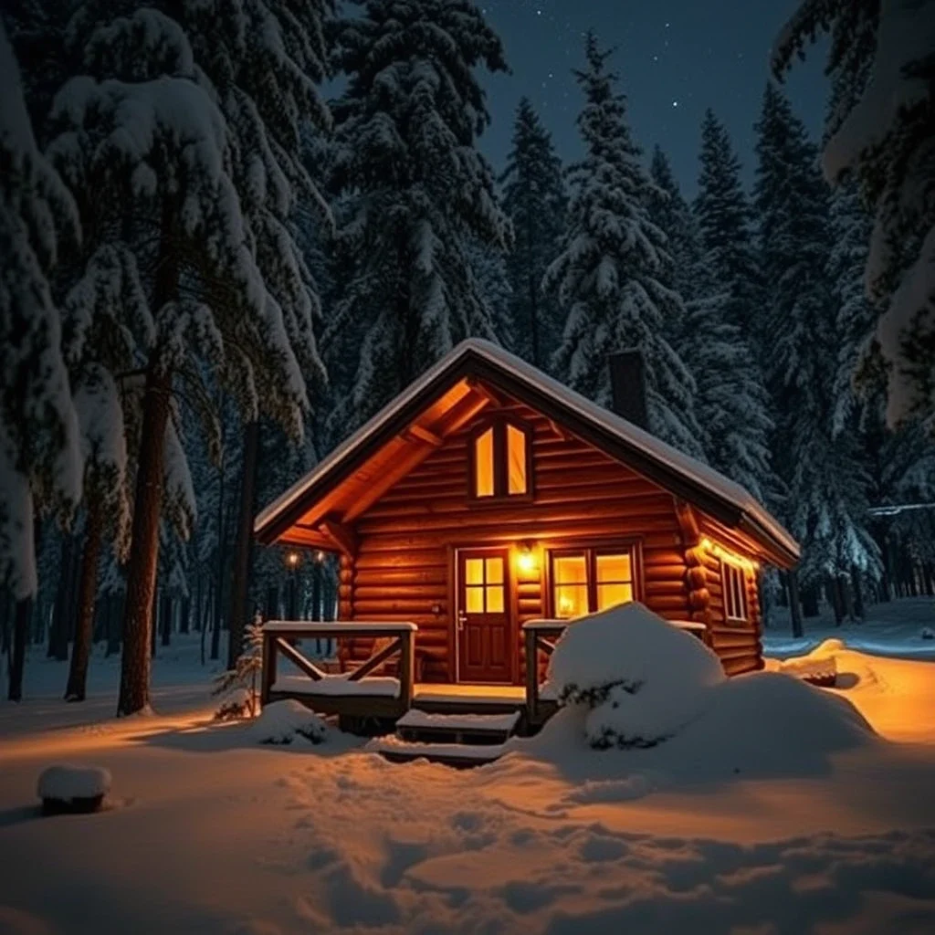 A cozy cabin in the middle of a snowy forest at night Flux
