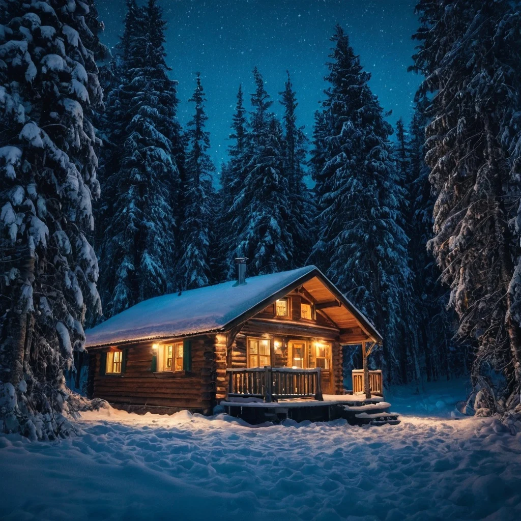 A cozy cabin in the middle of a snowy forest at night JuggernautXL stable diffusion