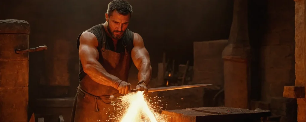 A dynamic shot of a rugged medieval blacksmith in a forge, hammering a glowing-hot sword on an anvil, sparks flying, muscular arms covered in soot, warm orange glow JuggernautXL stable diffusion