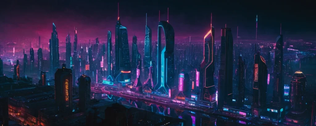 A futuristic city at night, neon lights, no cars, in the style of cyberpunk art, CFG scale 8, 50 sampling steps JuggernautXL stable diffusion