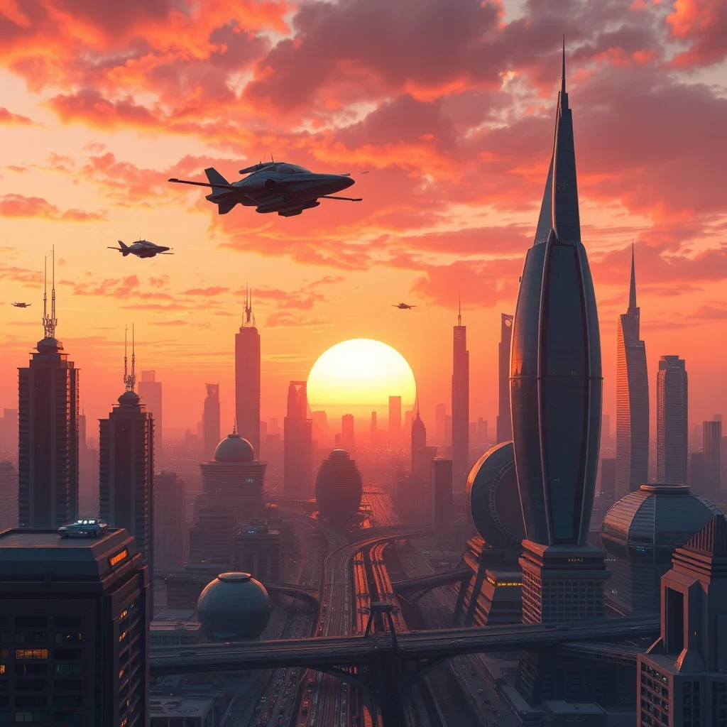 Futuristic cityscape at sunset with flying cars Flux