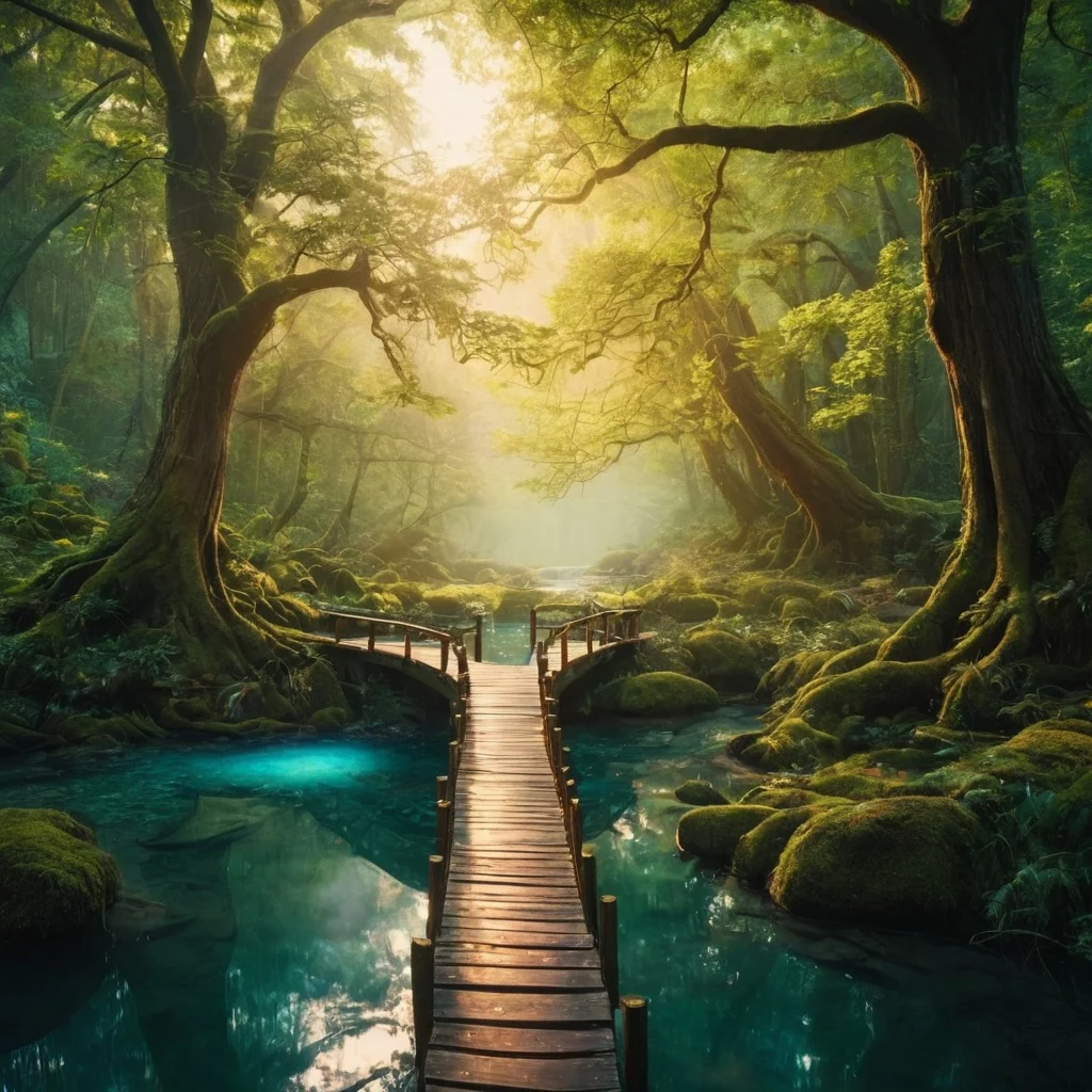 A magical forest with towering bioluminescent trees, a glowing river, and a small wooden bridge, in the style of a fantasy illustration JuggernautXL stable diffusion