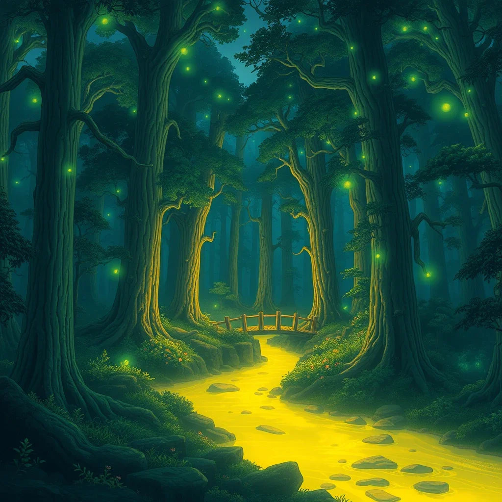 A magical forest with towering bioluminescent trees, a glowing river, and a small wooden bridge, in the style of a fantasy illustration, soft ethereal lighting, wide shot framing Flux