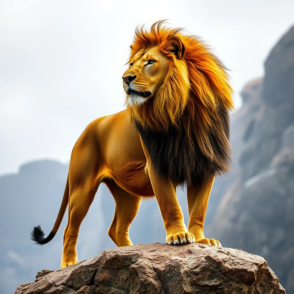 A majestic lion standing on a rocky cliff Flux