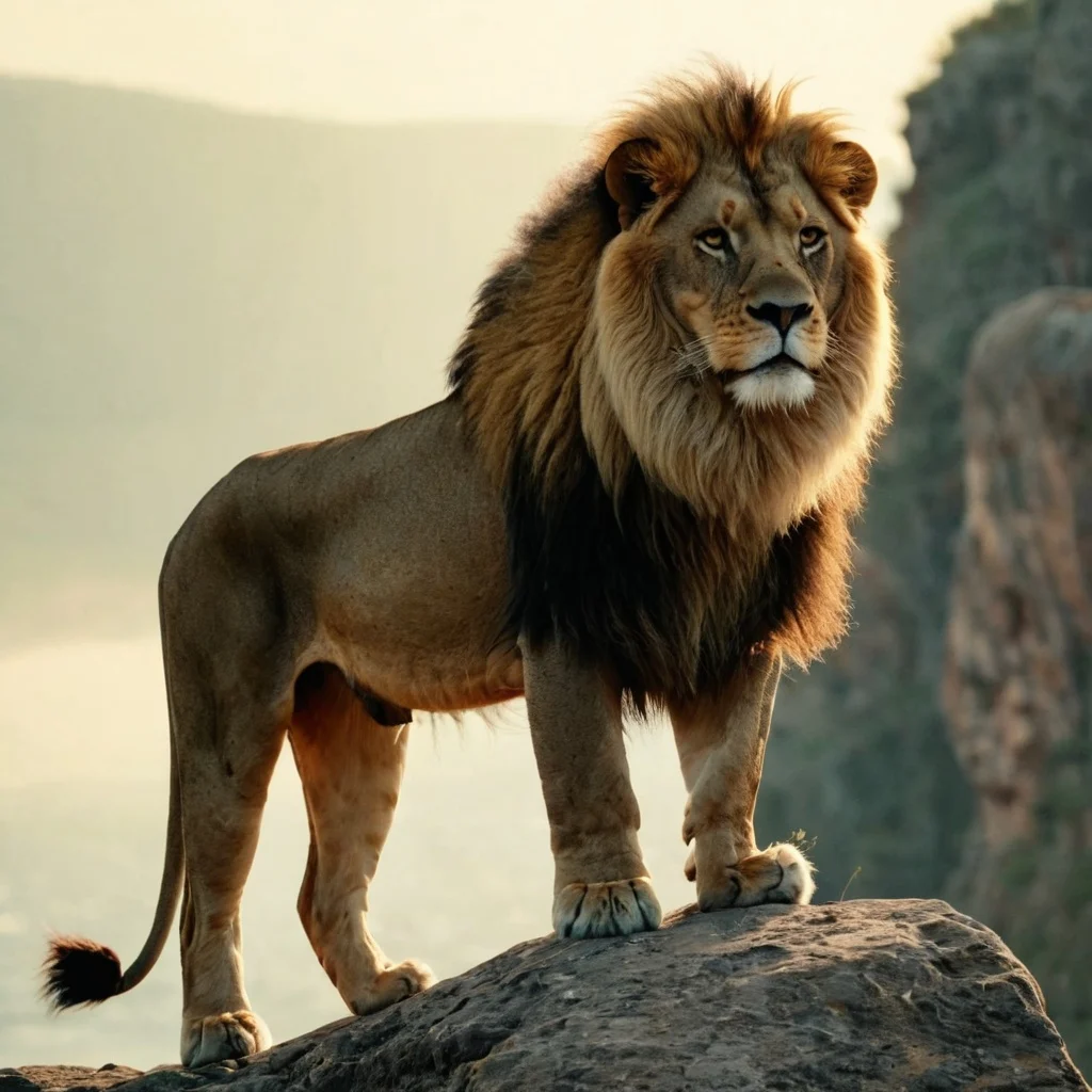 A majestic lion standing on a rocky cliff JuggernautXL Stable Diffusion