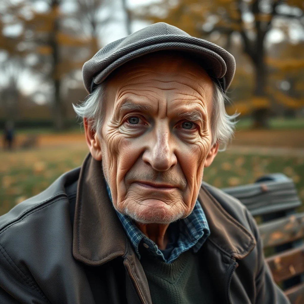 A photorealistic portrait of an elderly man with a weathered face, sitting on a wooden bench in a park during autumn, soft natural lighting, close-up framing Flux