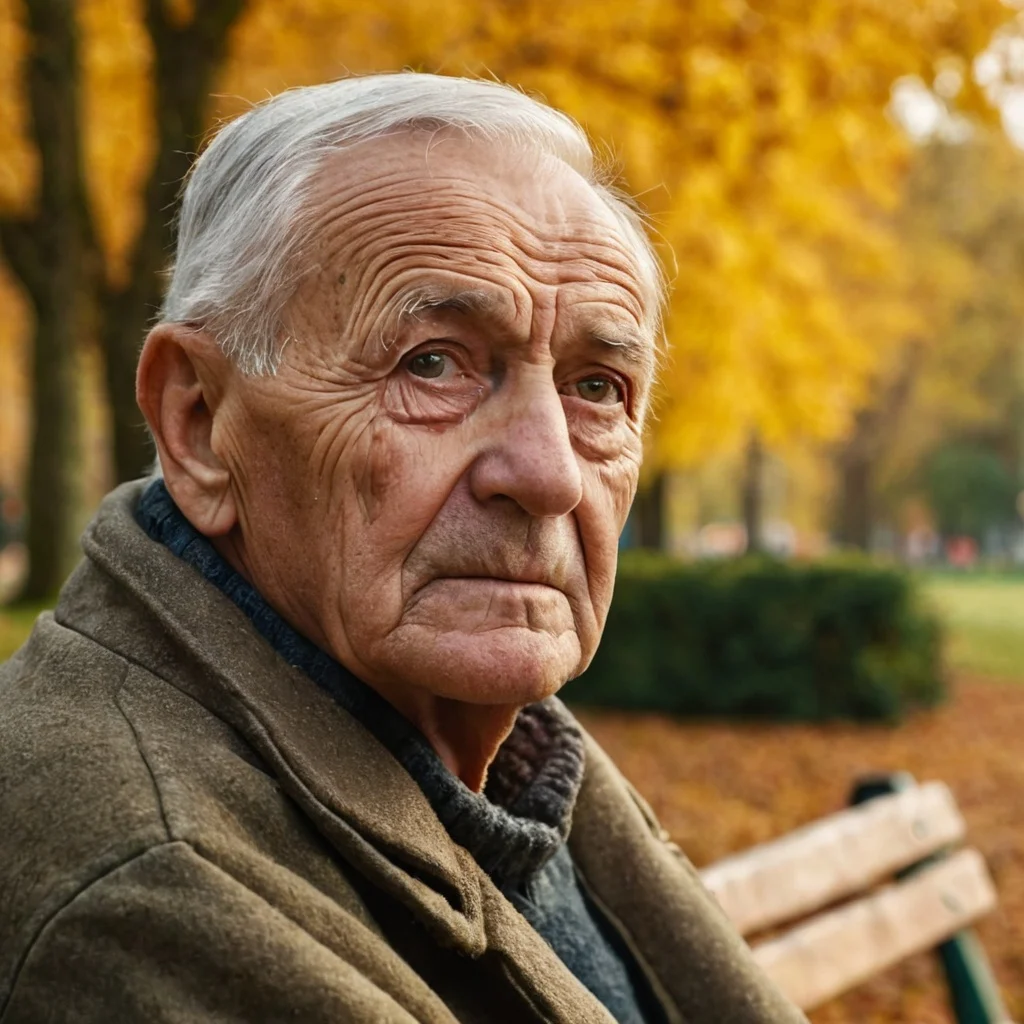 A photorealistic portrait of an elderly man with a weathered face, sitting on a wooden bench in a park during autumn, soft natural lighting, close-up framing JuggernautXL Stable Diffusion