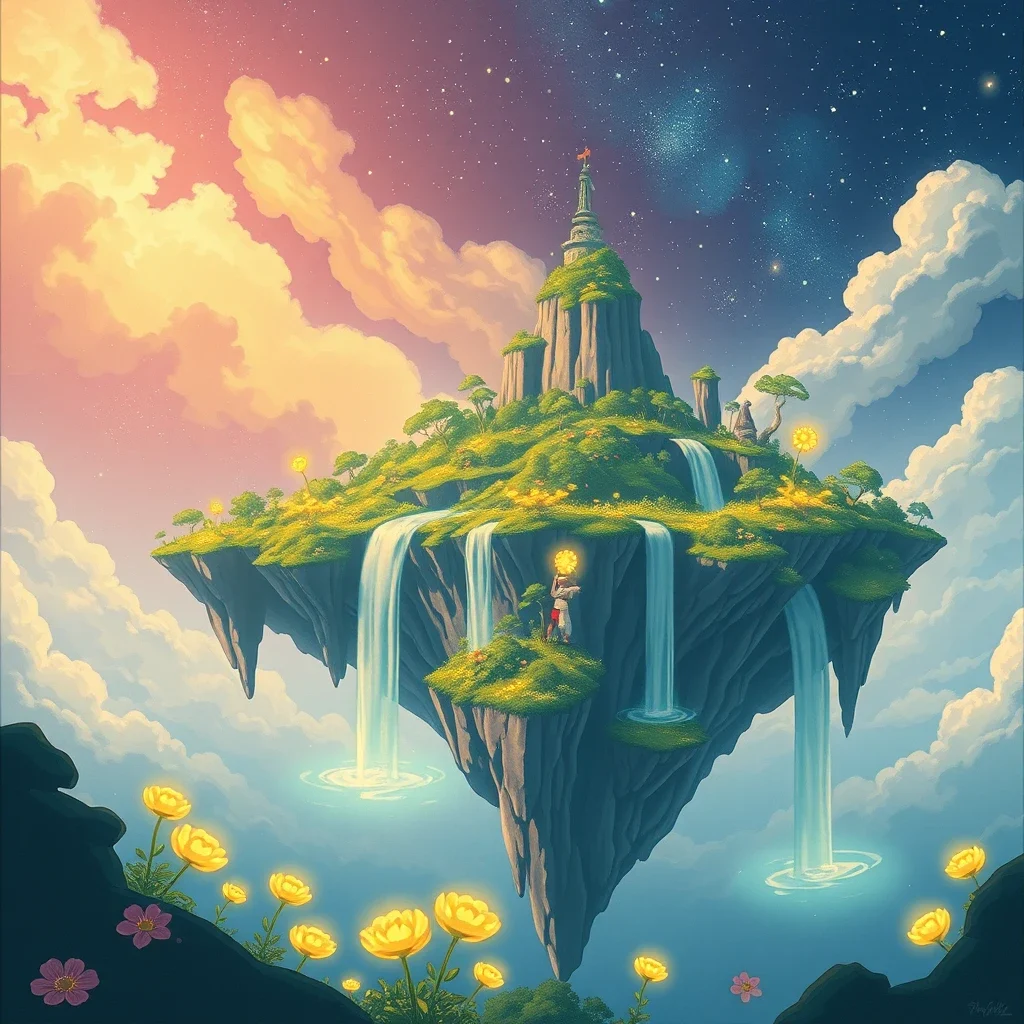 A surreal painting of a floating island with waterfalls, glowing plants, and a starry sky, in the style of Studio Ghibli, wide shot framing Flux