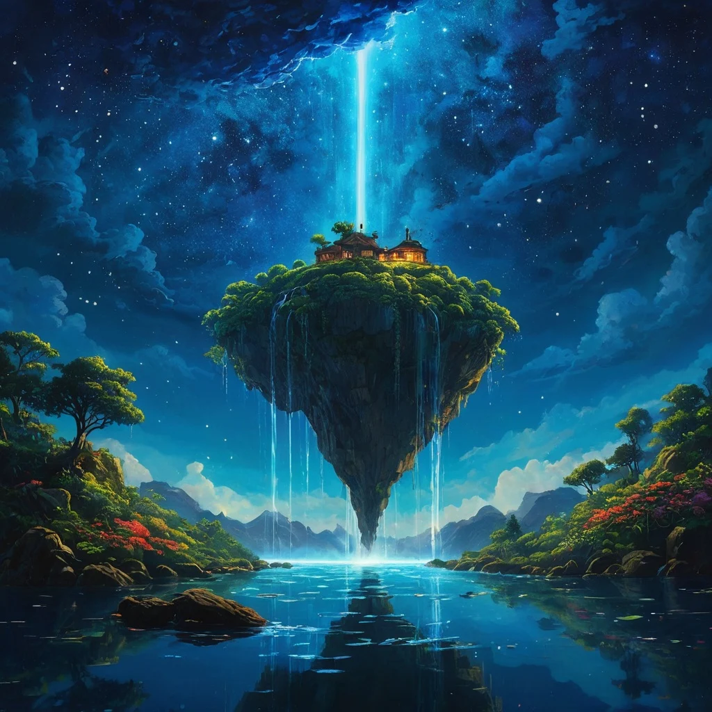A surreal painting of a floating island with waterfalls, glowing plants, and a starry sky, in the style of Studio Ghibli, wide shot framing JuggernautXL Stable Diffusion