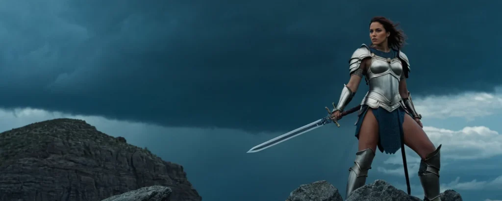 A wide shot of a fierce warrior woman in armor, standing on a rocky cliff with a stormy sky behind her, holding a sword JuggernautXL stable diffusion
