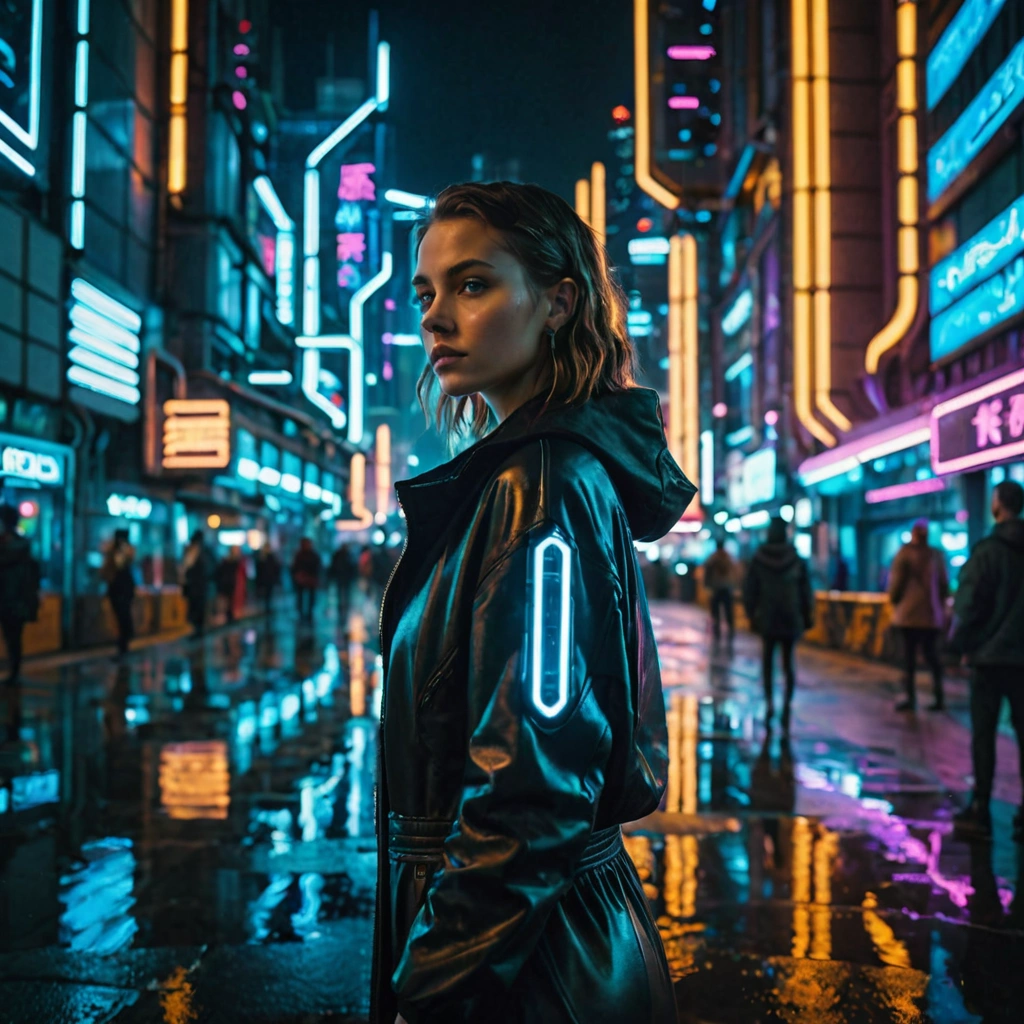 A young woman standing in a futuristic cityscape at night, in the style of cyberpunk art