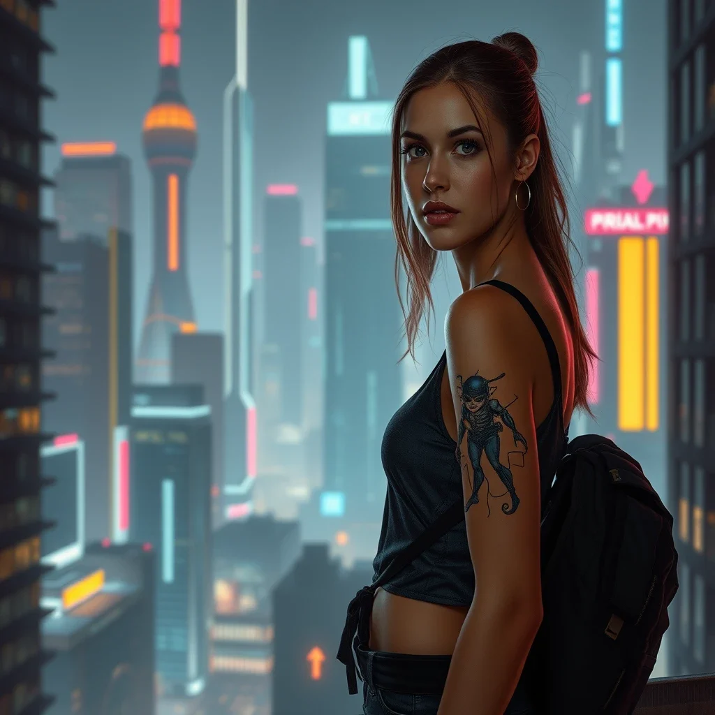 A young woman standing in a futuristic cityscape at night, in the style of cyberpunk art