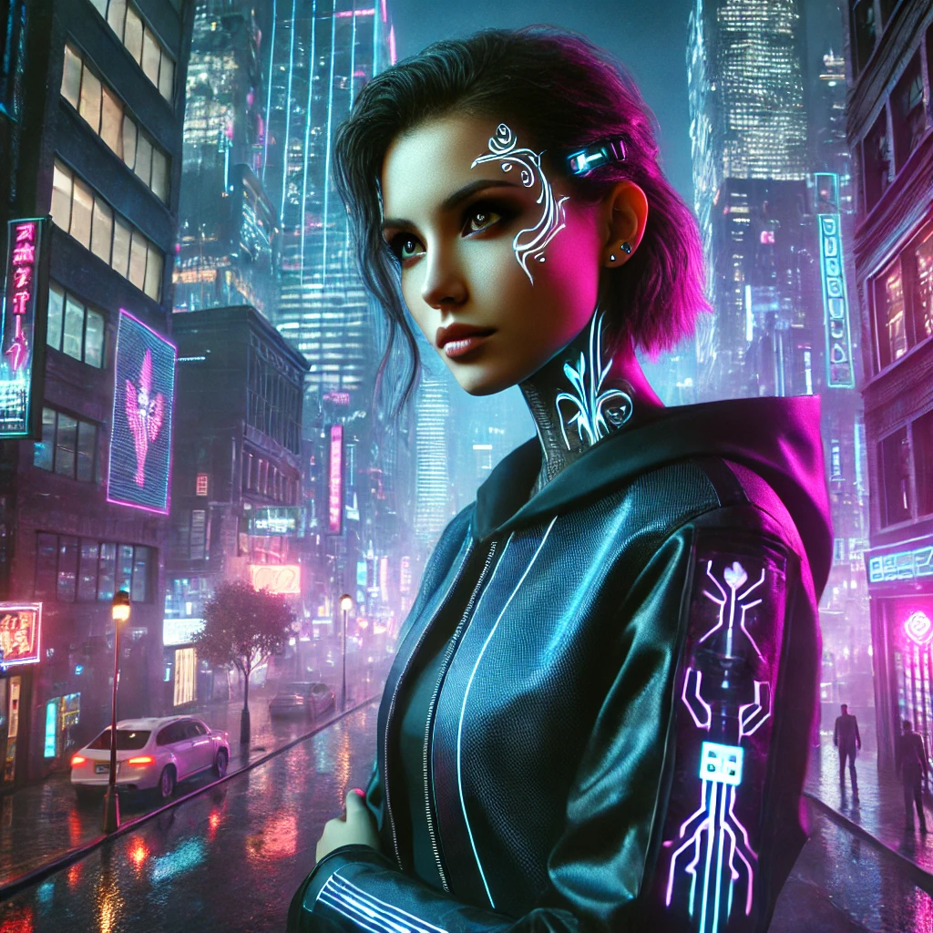 A young woman standing in a futuristic cityscape at night, in the style of cyberpunk art