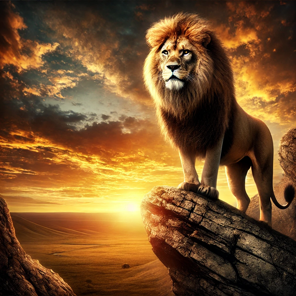 DALL·E A majestic lion standing on a rocky cliff, with its mane flowing in the wind. The background features a dramatic sunset sky with golden and orange hue