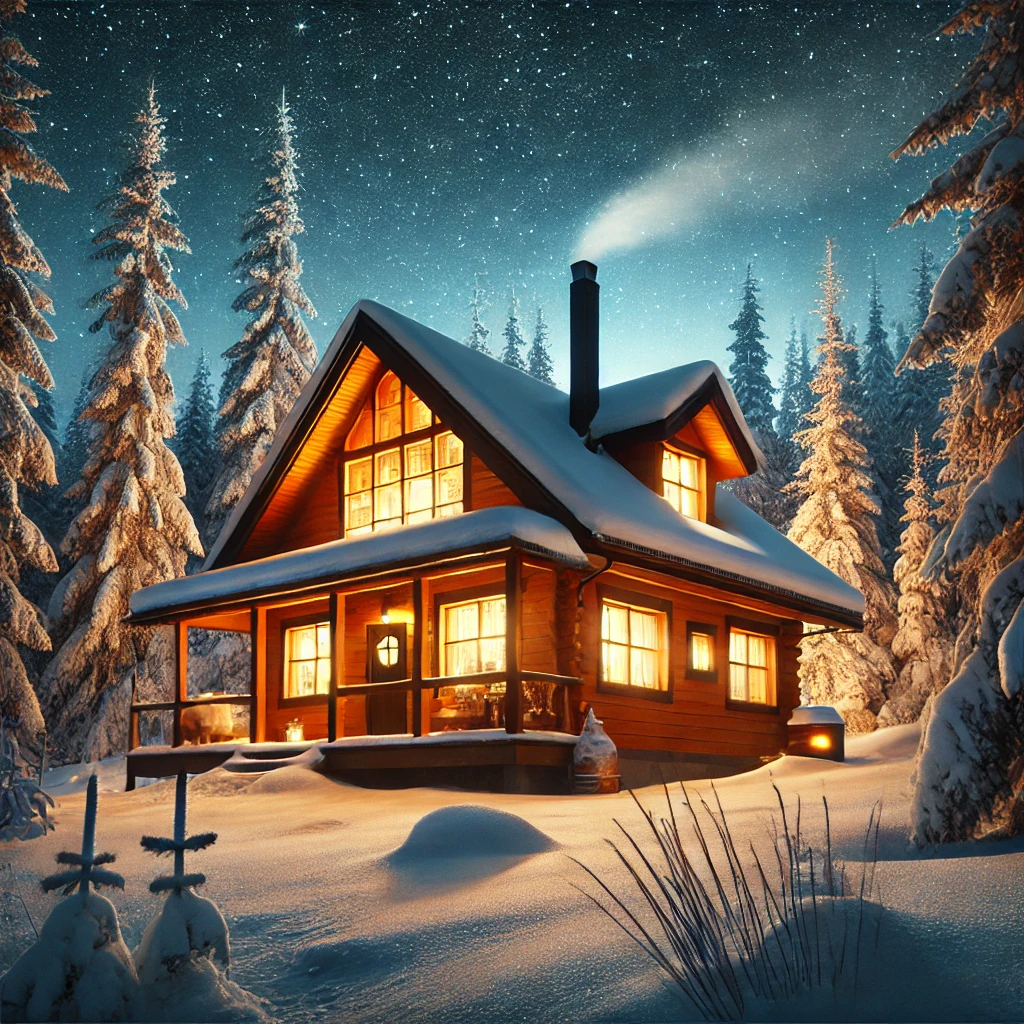 DALL·E A cozy cabin in the middle of a snowy forest at night. The cabin has warm, glowing lights coming from its windows, contrasting with the cold, snowy