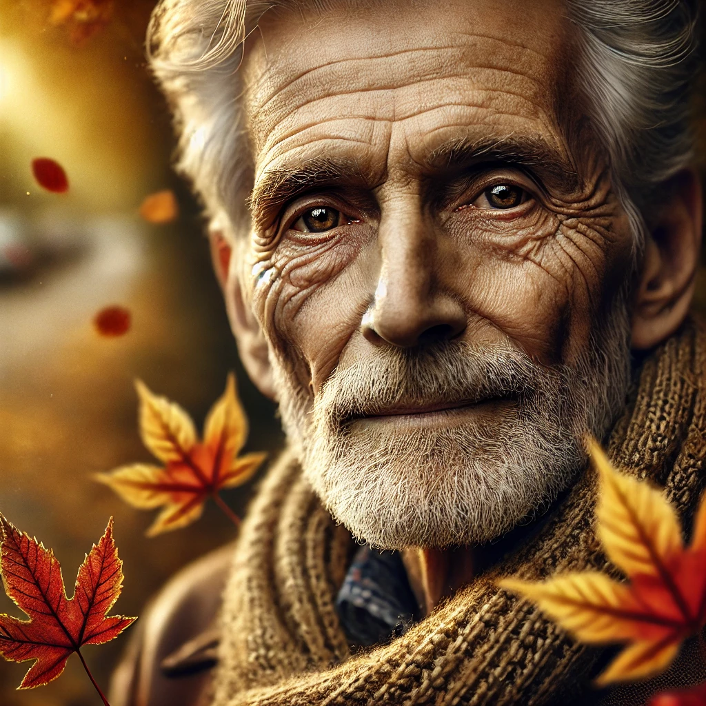 DALL·E A photorealistic portrait of an elderly man with a weathered face, sitting on a wooden bench in a park during autumn. His deep wrinkles and kind eyes