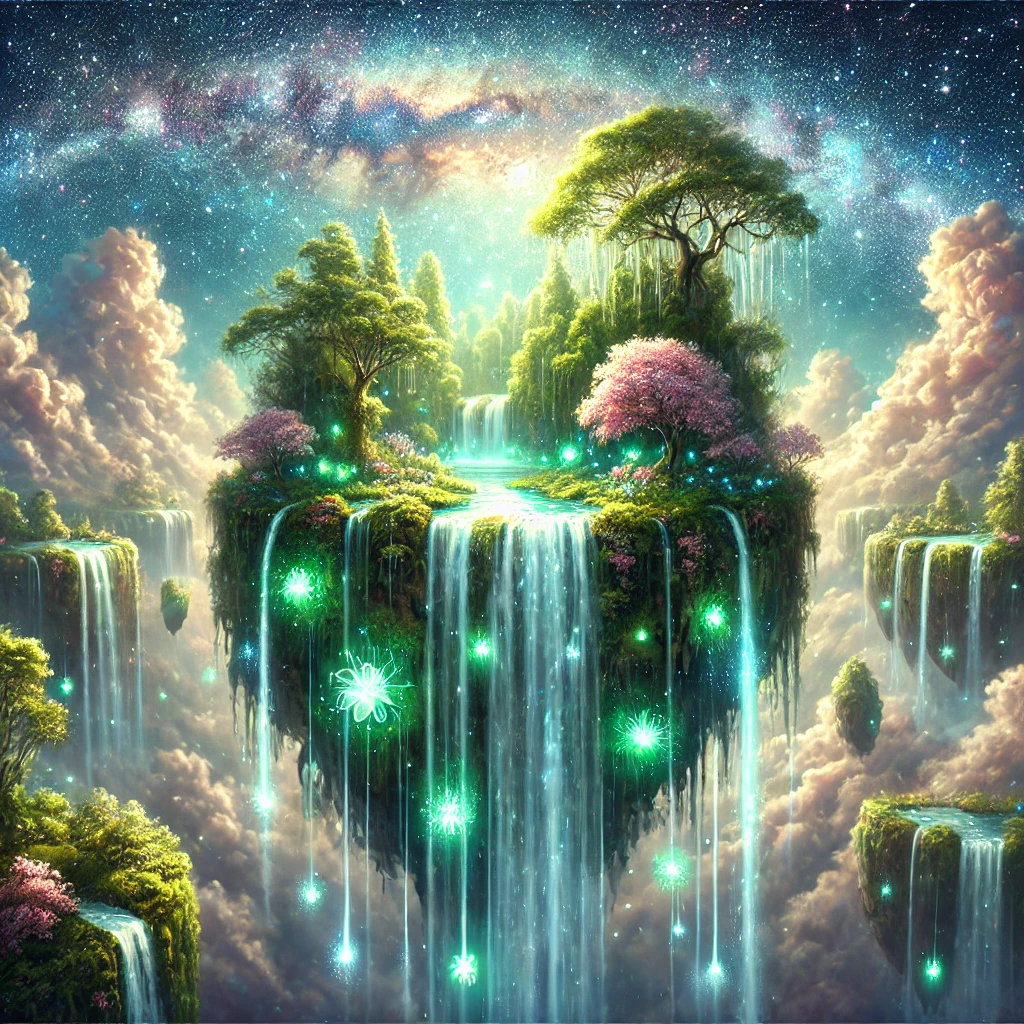 DALL·E A surreal painting of a floating island with cascading waterfalls, glowing plants, and a luminous starry sky. The island is covered in lush greenery