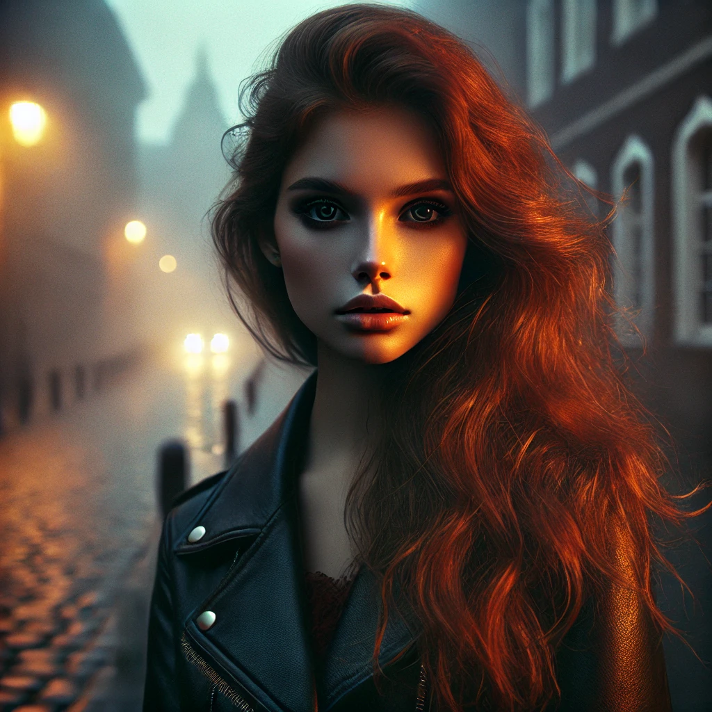 DALL·E A cinematic portrait of a young woman with flowing auburn hair, wearing a vintage leather jacket, standing on a foggy cobblestone street at dawn. The