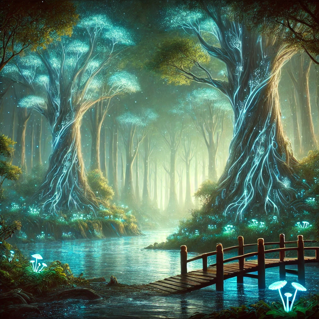 DALL·E A magical forest with towering bioluminescent trees that emit a soft glow, their branches stretching high into the misty air. A glowing river flows g