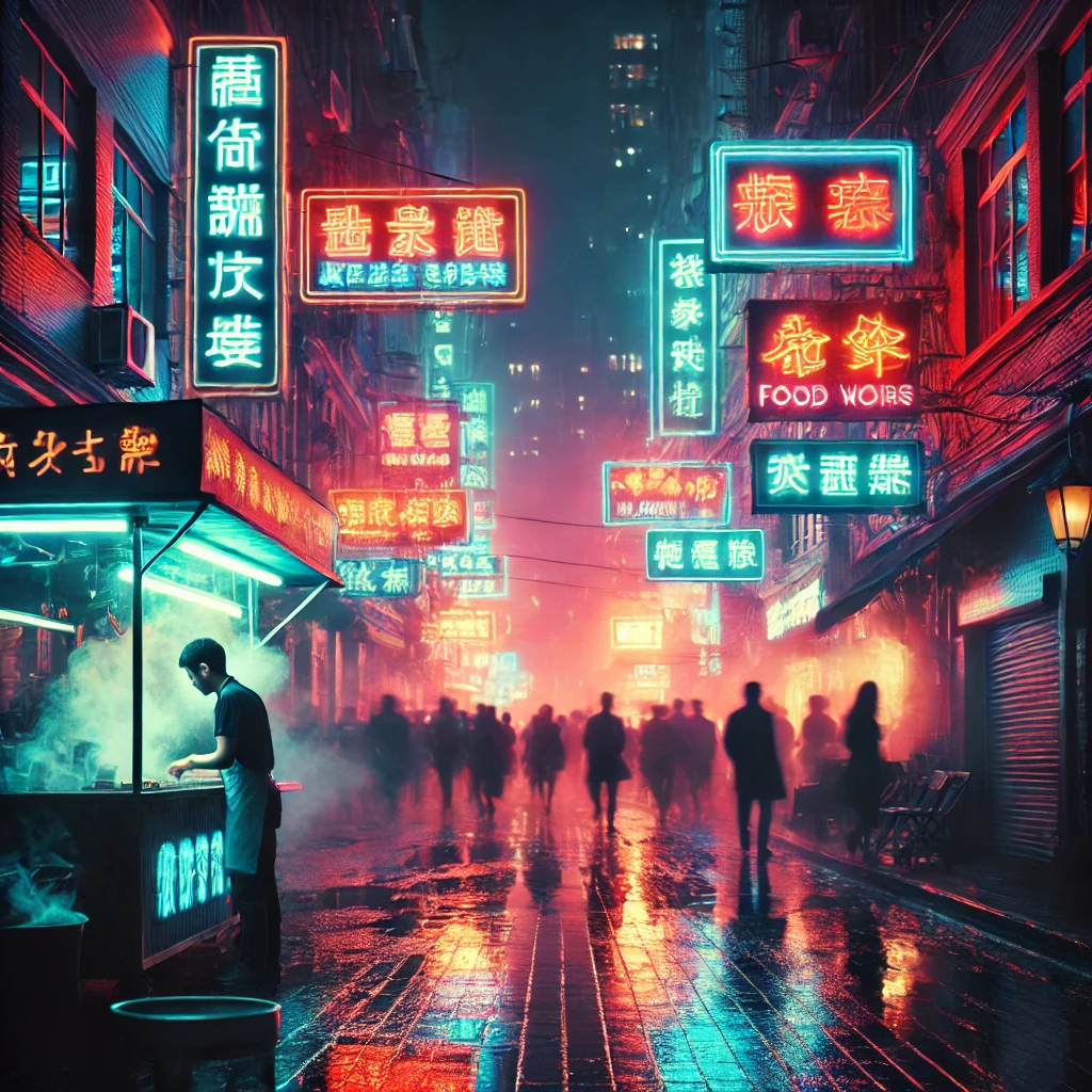 DALL·E A bustling urban street at night, illuminated by vibrant neon signs reflecting on the wet pavement. The scene is alive with energy as crowds of peopl