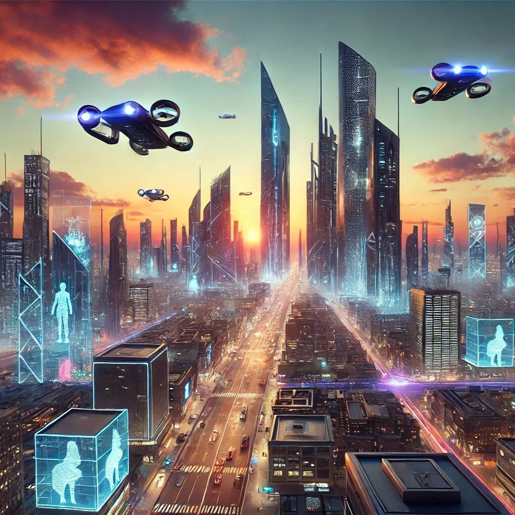 Futuristic cityscape at sunset with flying cars DALL-E