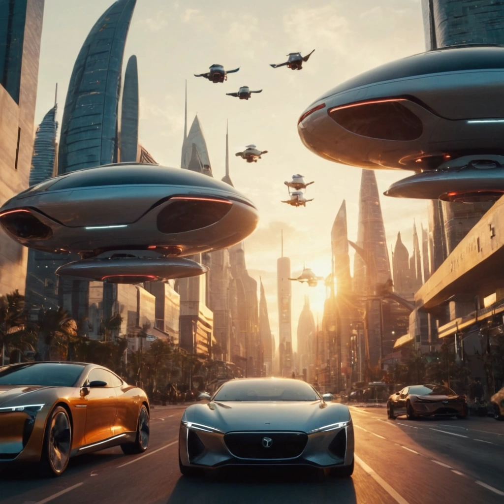 Futuristic cityscape at sunset with flying cars Stable Diffusion
