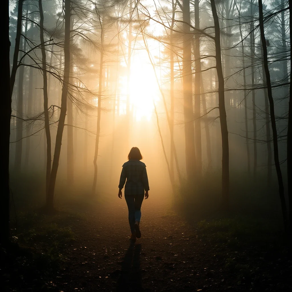 A young woman walking through a misty forest at sunrise, soft morning light filtering through the trees